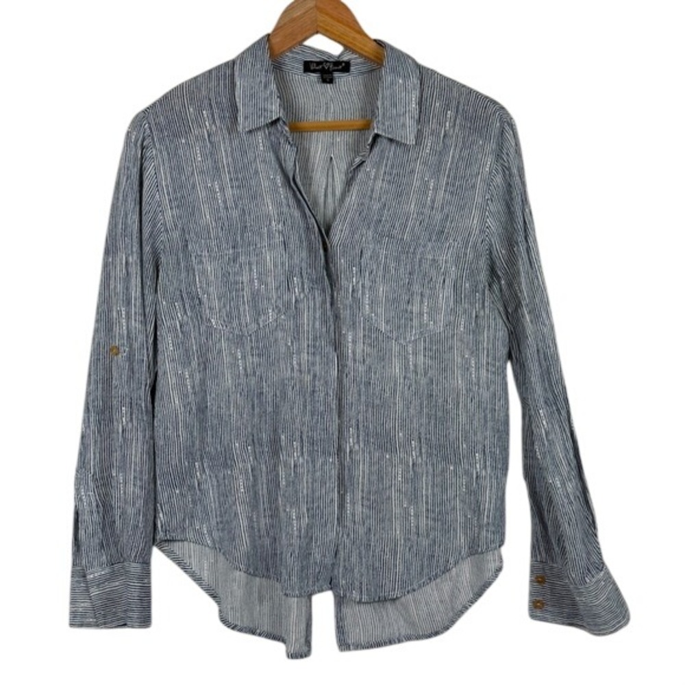 Velvet Heart Button Shirt Womens Small Blue White Striped‎ Split Back Roll Tab